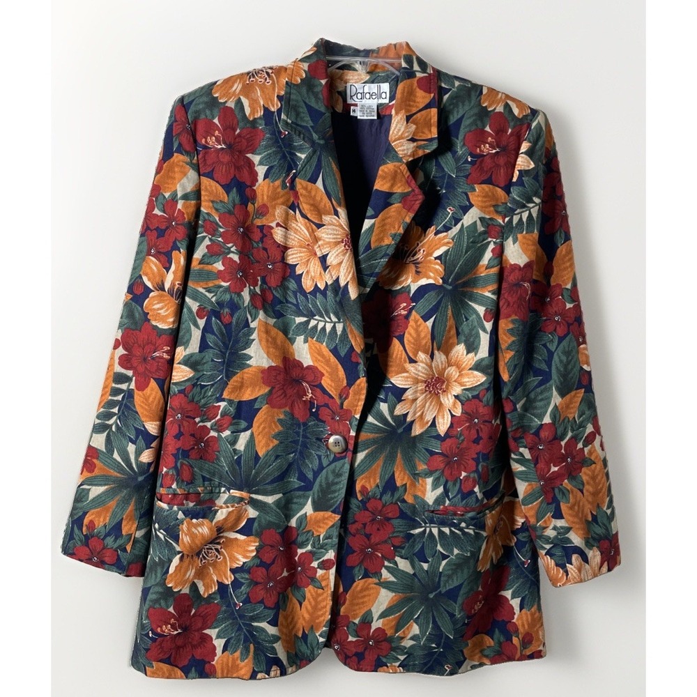 Rafaella Women's Blazer Size 14 Floral Multicolor Linen Blend Jacket Fall Colors